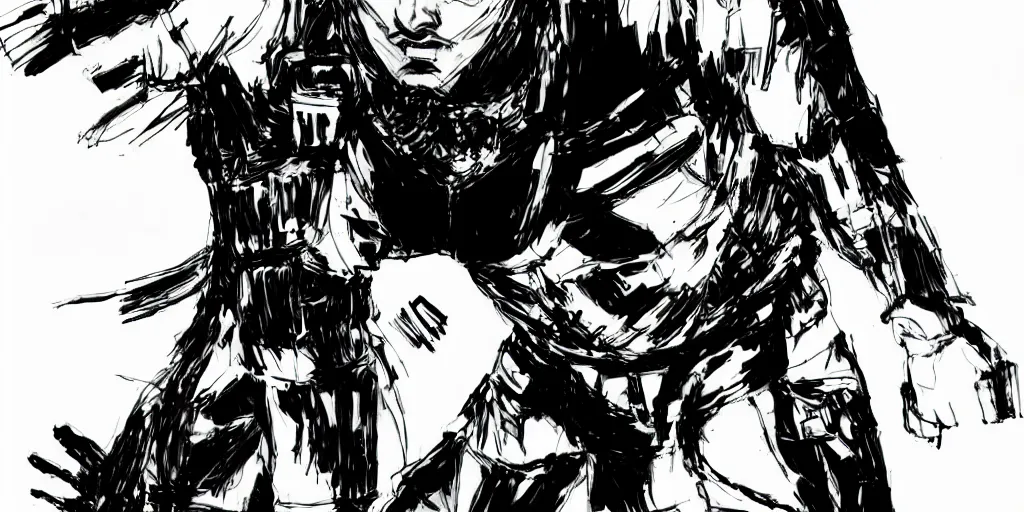 Image similar to a full - body portrait of denji from chainsaw man, in yoji shinkawa's art style, metal gear solid art style, manga, highly detailed, 4 k, artistic, white background, b & w