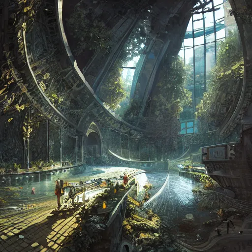 Image similar to space utopia where the path ways are filled with fauna, intricate building design, dynamic lighting, photorealistic fantasy concept art, trending on art station, stunning visuals, creative, cinematic, ultra detailed, ray tracing, sun rays