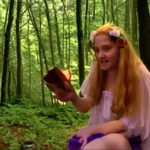 Image similar to 2 4 0 p footage, 2 0 0 6 youtube video, low quality photo, elf maiden telling stories in a forest