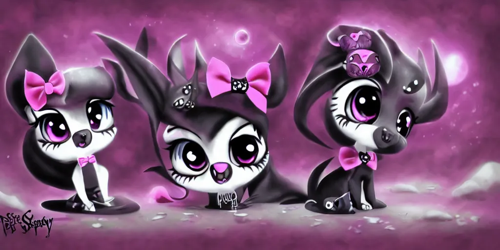 Image similar to 3 d littlest pet shop animal, wearing gothic accessories, gothic bows, gothic outfits, spooky, night, moon master painter and art style of noel coypel, art of emile eisman - semenowsky, art of edouard bisson