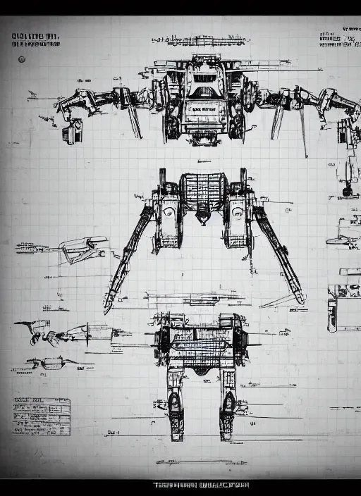 Prompt: titanfall mech cross - section blueprints by thomas hubert. in the style of a 1 9 0 3 patent design diagram