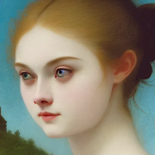 Prompt: A cursed haunted horror masterpiece head and shoulders portrait of Elle Fanning by William Adolphe Bouguereau and Junji Ito