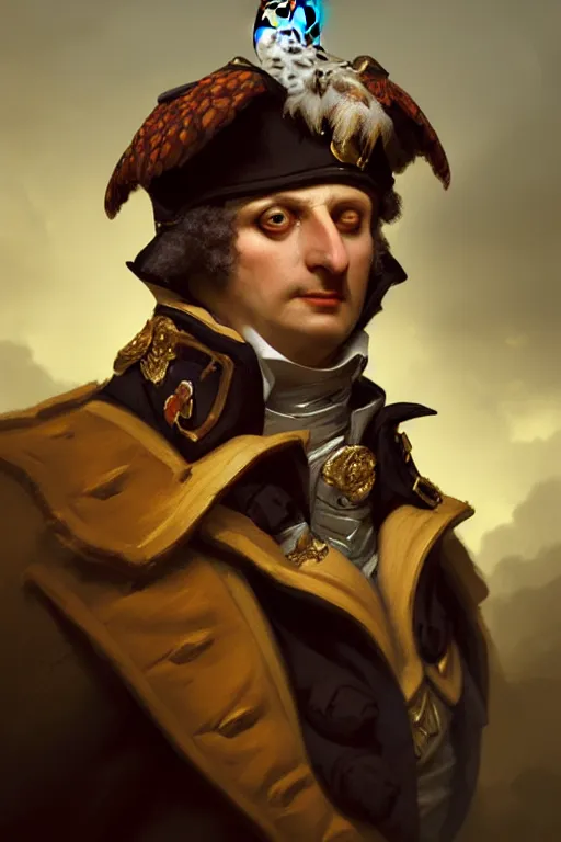 Image similar to portrait of an anthropomorphic owls as napolean bonaparte, dramatic lighting, highly detailed, digital painting, artstation, concept art, smooth, sharp focus, illustration, art by wlop, mars ravelo and greg rutkowski