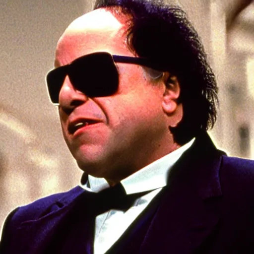 Prompt: film still of Danny Devito as Morpheus in The Matrix, full-shot, 4k