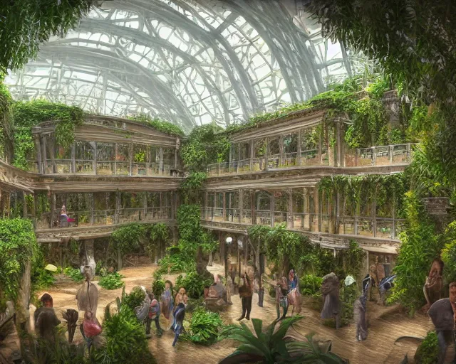 Prompt: Matte painting of the interior view of giant botanical museum. Living biological architecture. Library with students. Fantastical, detailed digital art trending in artstation