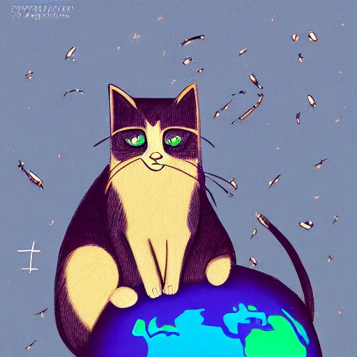 Image similar to a cat sitting on planet earth, illustration, digital art, trending on artstation