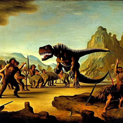 Prompt: A painting of a dinosaur fighting with several cavemen armed with spears, coarse canvas, visible brushstrokes, intricate, extremely detailed painting by Jan van Goyen