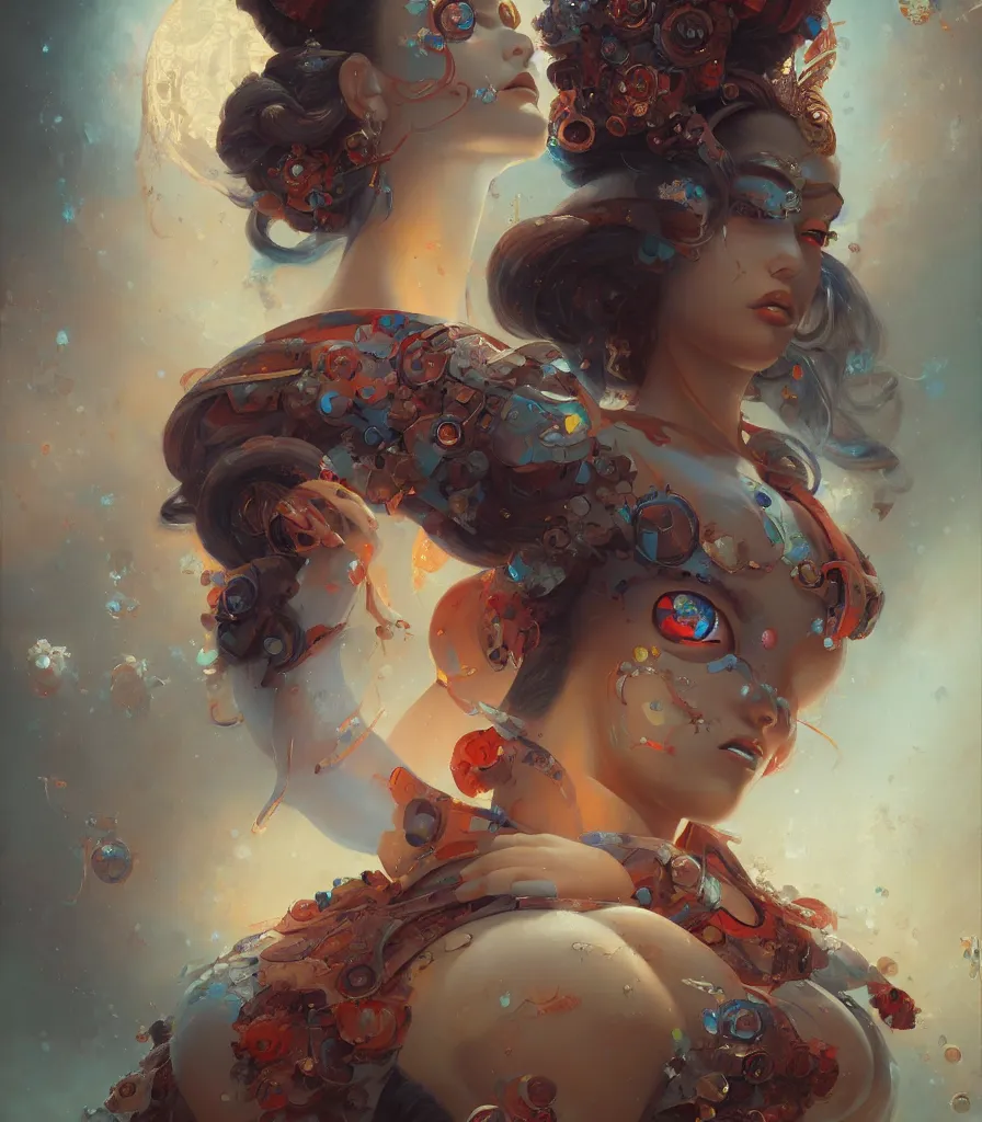 Prompt: a close up oil painting of a beatiful geisha, astral, cyborg details, fine art, intrincate. by peter mohrbacher marc simonetti, anna podedwor