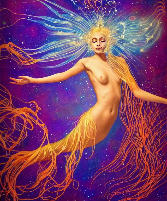 Image similar to portrait of a levitating floating in space goddess mermaid with (reaction diffusion) scaled fish skin Bioluminescent phoenix jellyfish, phoenix fire, chimera, energy rays, Her breath shot a haze of steam out into the frosty morning air concept, soft light, soft mood, realistic body features and face, illustration,intricate ornament halo, painting oil on canvas by Elena Zhurikhina and Goro Fujita and Charlie Bowater, octane render trending on artstation, 4k, 8k, HD