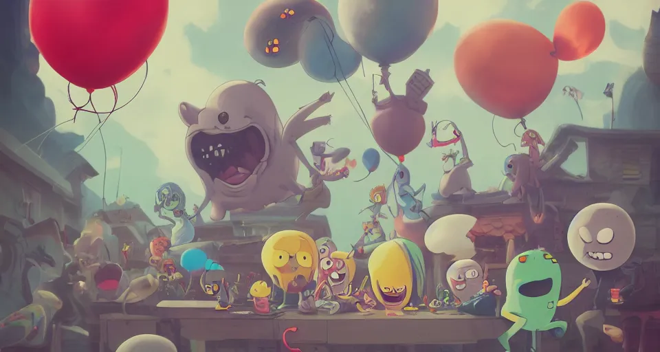 Image similar to cartoon scary children with balloons, evil, in the style of adventure time, the amazing world of gumball, pixar, toki doki, greg rutkowski and makoto shinkai, trending on artstation