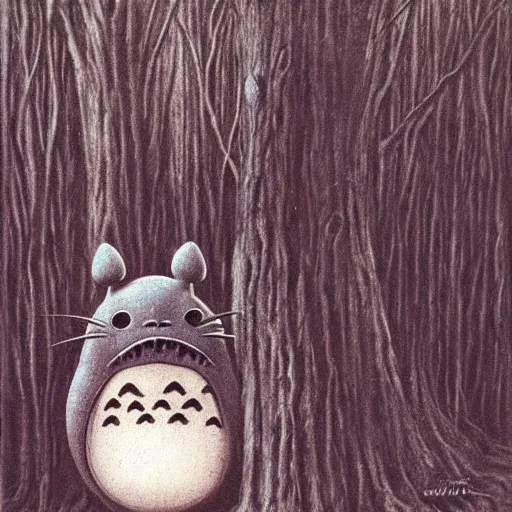 Prompt: Creepy Totoro hiding behind a tree, Studio Ghiblo, Zdzisław Beksiński