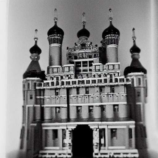 Image similar to ivan the terrible in his palace in moscow play with lego castle, kodak, old photo, black and white, film, wide lens, 1 6 mm,