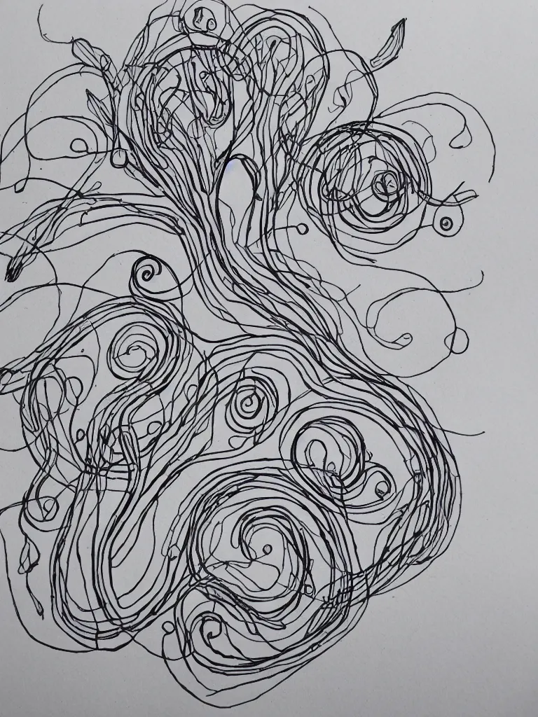 Prompt: single line drawing, acorn turns into a tree in shape of treble clef, two half drawing one with bursts of color, trending on art station, continuous line drawing, copic marker