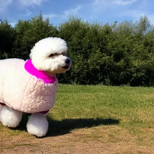 Image similar to a person wearing a sheep costume walking bichon frise on leash