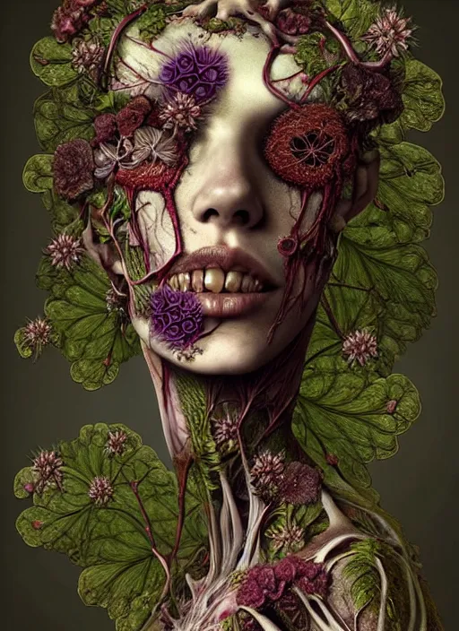 Image similar to beautiful and detailed rotten woman corpse with fractal plants and fractal flowers growing around, muscles, veins, arteries, intricate, organs, ornate, surreal, ray caesar, john constable, guy denning, dan hillier