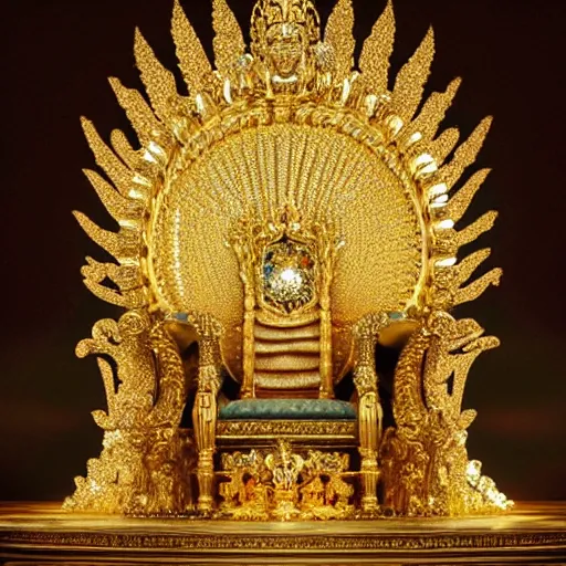 Image similar to shining majestic throne made of millions of diamonds, gold and zaphires with thousands of light reflections