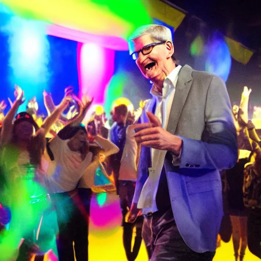 Image similar to tim cook dancing at a rave