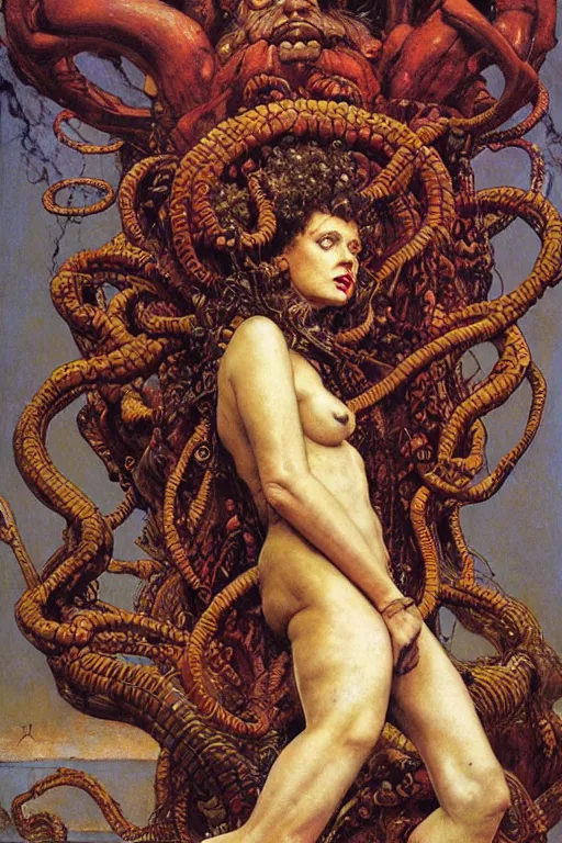 Image similar to full length portrait of insane medusa, dynamic, painted by lawrence alma tadema, zdzislaw beksinski, norman rockwell, jack kirby, tom lovell, alex malveda, greg staples, hand of fear, bbc, tv