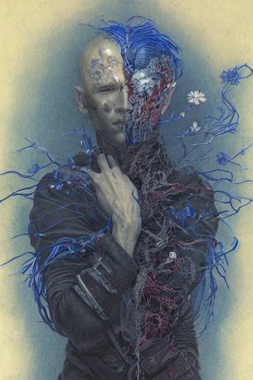 Image similar to portrait of beautiful young man, warhammer, japanic style, cyberpunk, a lot of scars, more and more flowers, blue head, the middle ages, highly detailed, artstation, illustration, art by jean delville, 8 k quality