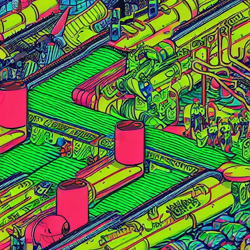 Prompt: an illustration of a plastic green army men manufacturing line, artwork by dan mumford, detailed linework, vibrant colors