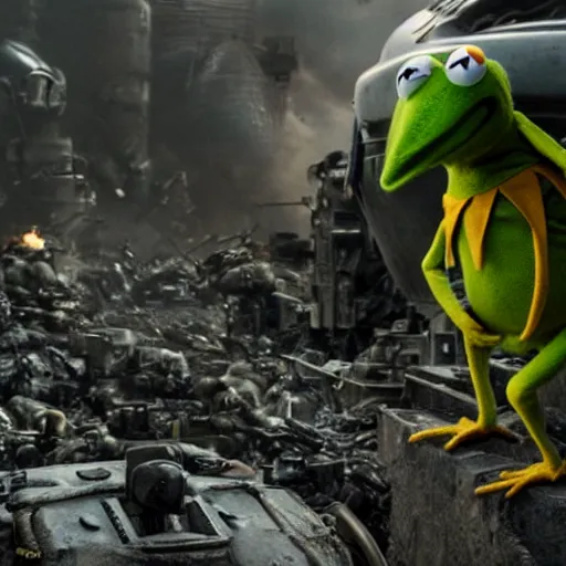 Prompt: action scene of kermit the frog in the movie Edge of Tomorrow (2014), highly detailed, highly textured, atmospheric, night, explosions futuristic