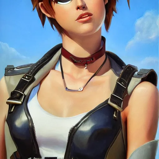 Image similar to oil painting of tracer overwatch in a field wearing large leather belt choker collar around neck, in style of mark arian, expressive face, detailed face, detailed eyes, full body, feminine face, tracer overwatch,