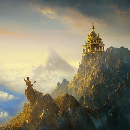 Prompt: Golden palace above the clouds, dreamy landscape, Darek Zabrocki, Karlkka, trending on Artstation, 8K