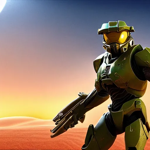 Image similar to ultra realistic 3 d render of master chief on a desert planet. epic image. action pose. explosions. sunrise. canon rf 2 4 - 7 0 mm f 2. 8 l is usm