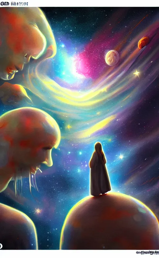 Image similar to Meeting God in the universe, digital art, trending on art station