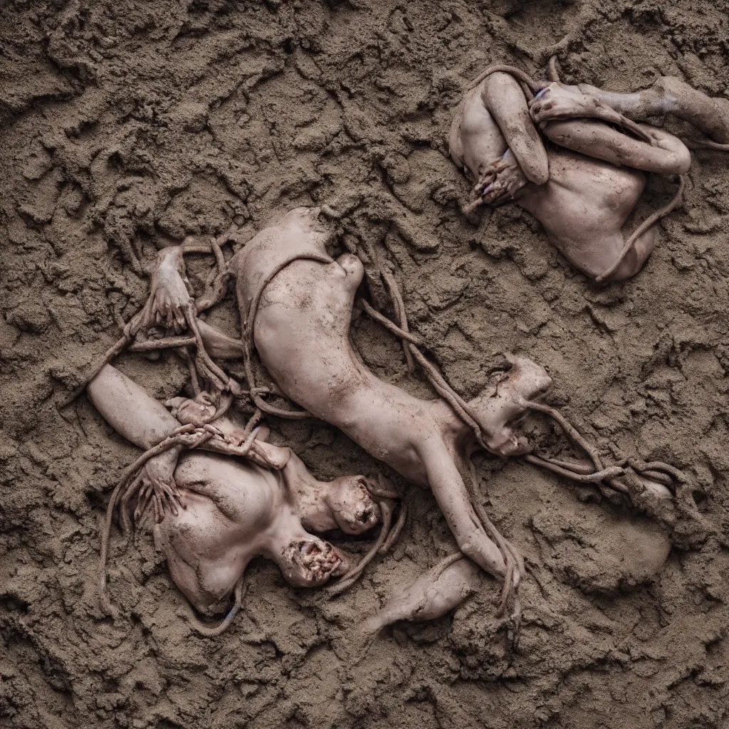 Prompt: overhead view a woman's corpse connected by an umbilical cord to a baby buried under sand, mud and rusty pipes, faded, depth of field,, ultra realistic, very detailed, by hans bellmer and nadav kander, 8 k hyper realistic detailed cinematic still