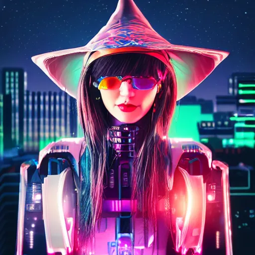 Image similar to detailed portrait cyberpunk robotic cybergirl with witch hat on flying cyberbroom in night city at giant japanese neon label 4 k, digital art