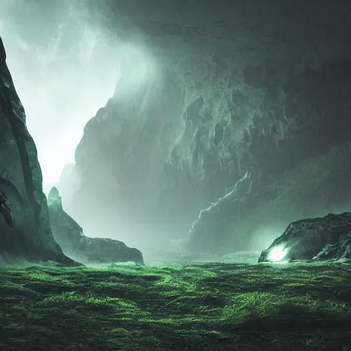 Prompt: alien environment landscape with green ground volcanic cliffs and valelys, massive black rocks, horror mood, atmospheric lighting,