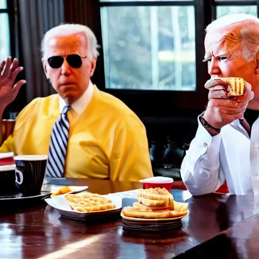 Image similar to trump and Biden sitting and eating breakfast at a Wafflehouse