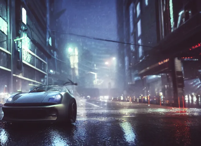 Image similar to hyperrealistic matte painting of need for speed street car in jakarta, action movie. fine details, rain, some people, rtx reflections, jakarta suburbs, paneled buidlings, fog, night, photorealistic, unreal engine, octane render, volumetric light, 4 k, 5 0 mm bokeh, toyota avanza, by greg rutkowski, artstation