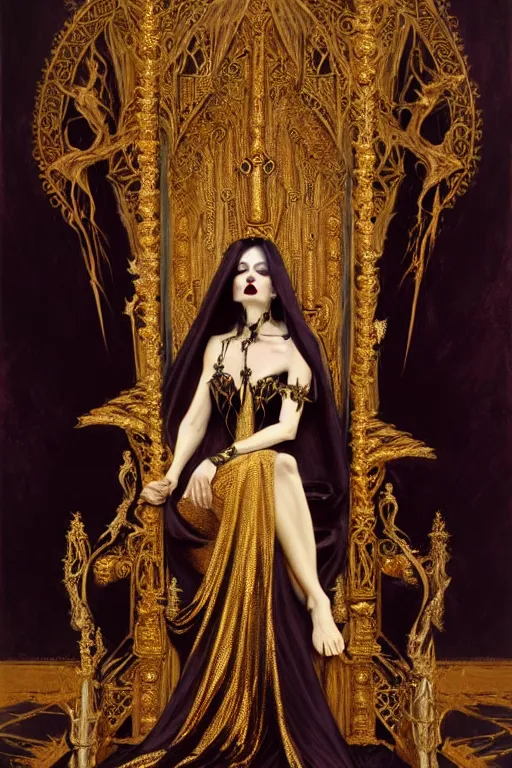 Image similar to perfectly centered portrait of beautiful vampire queen in gold gothic robe sitting on a throne of bones, elegant, ornate, detailed, symmetrical, painting by gaston bussiere, craig mullins, j. c. leyendecker, 8 k, mid shot