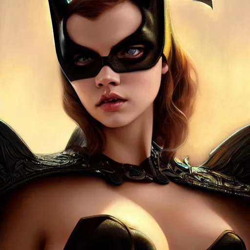 Prompt: beautiful Barbara Palvin as Batgirl, western, closeup, D&D, fantasy, intricate, elegant, highly detailed, digital painting, artstation, concept art, matte, sharp focus, illustration, art by Artgerm and Greg Rutkowski and Alphonse Mucha