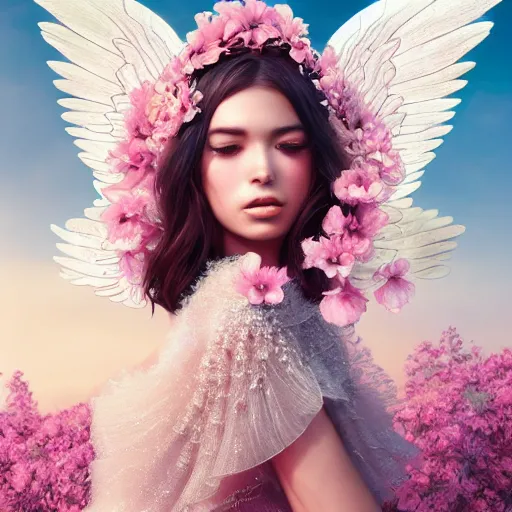 Image similar to expressive full body photo of sophia lauren as beautiful angel, smooth glowing skin, ornate headpiece made from pink flowers, glamour shot, by yoshitaka amano, by greg rutkowski, by jeremyg lipkinng, by artgerm, digital art, octane render, unreal engine, photorealistic, canon r 3, fashion photography