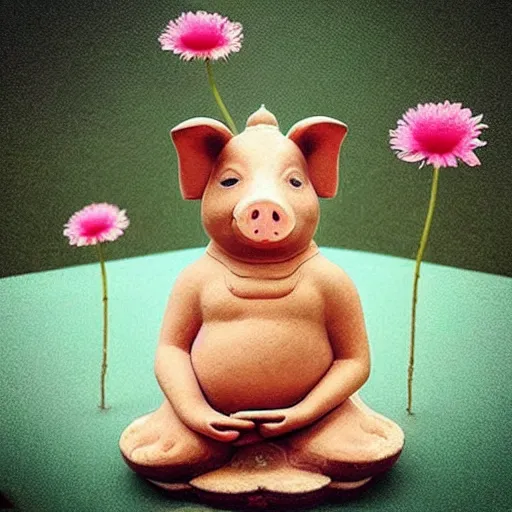 Image similar to “ cute pig meditating like a buddha on top of a giant mushroom ”