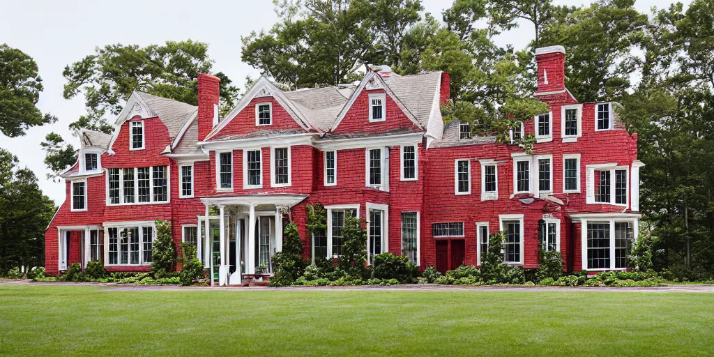 Image similar to red brick wooden cape cod with wood and tile white black mansion by mcalpine house, by jackson & leroy architects