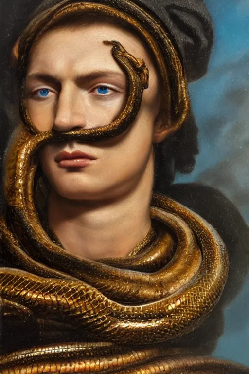 Image similar to hyperrealism oil painting, close - up portrait of face from a tangle of snakes medieval fashion model, knight, steel gradient mixed with nebula sky, in style of baroque