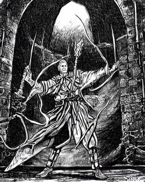 Prompt: pen and ink drawing of evil mage casting a spell as a portal opens behind him, fighting fantasy style image, by steve jackson and ian livingstone, highly detailed