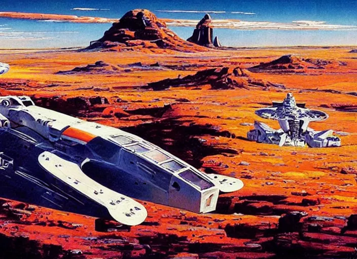 Prompt: a spaceship in a stunning landscape by robert mccall