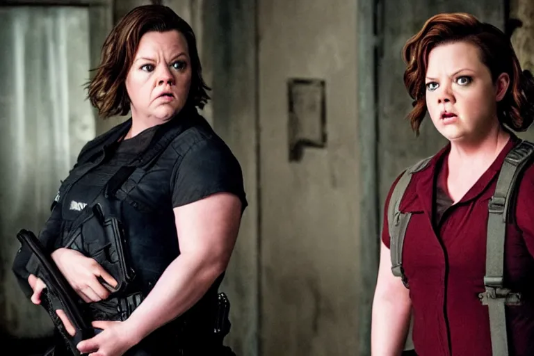 Image similar to Melissa McCarthy starring in Resident Evil, horror, cinematic style, realistic, 35mm