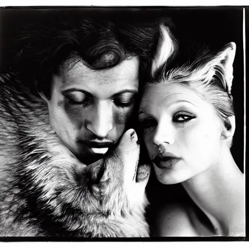 Image similar to the beautiful lady and the wolf, black and white, by richard avedon,