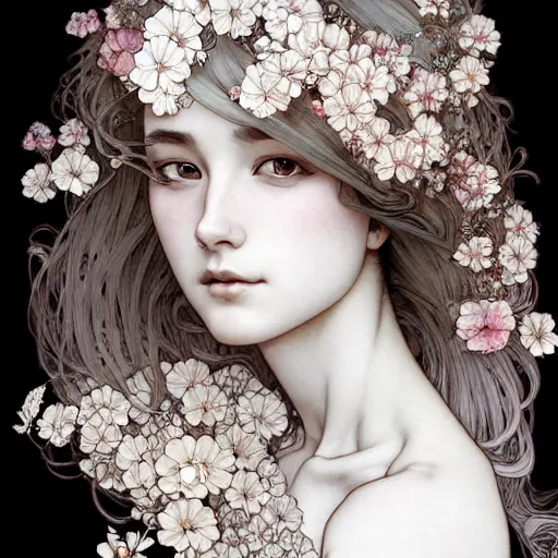 Prompt: face portrait of an absurdly beautiful, graceful, elegant,, fashionable young teen with white petals in her hair, an ultrafine hyperdetailed illustration by kim jung gi, irakli nadar, by alphonse mucha, ayami kojima, amano, greg hildebrandt, and mark brooks, female, feminine, intricate linework,