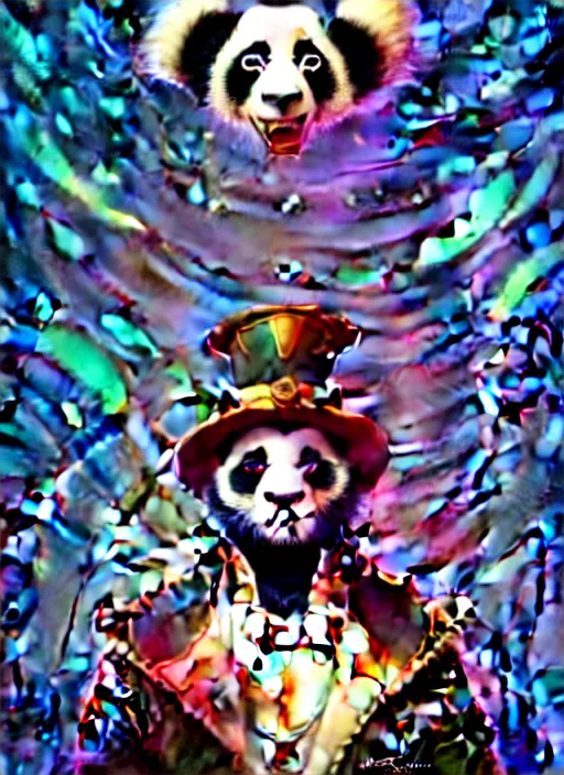 Image similar to don bluth, loish, artgerm, joshua middleton, steampunk, clockpunk anthropomorphic panda, full sailor suit, symmetrical eyes symmetrical face, colorful animation forest background