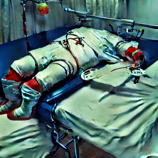 Prompt: hysterical and crazy clown lying in hospital bed with wrist restraints on, restraints straps attached to hospital bed siderails, greg rutkowski, photograph, 8 k