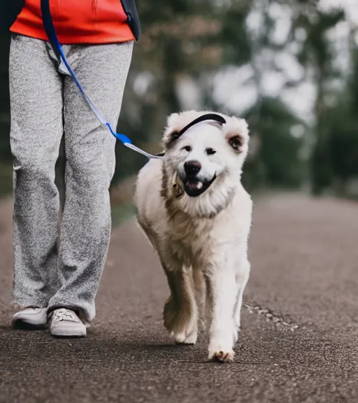 Prompt: a dog walking a human on a leash