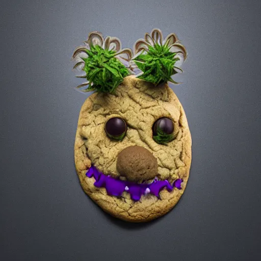 Prompt: cookie monsta made of weed buds eating a cookie photography portrait trichome monster stylised jonathan zawada soft lighting