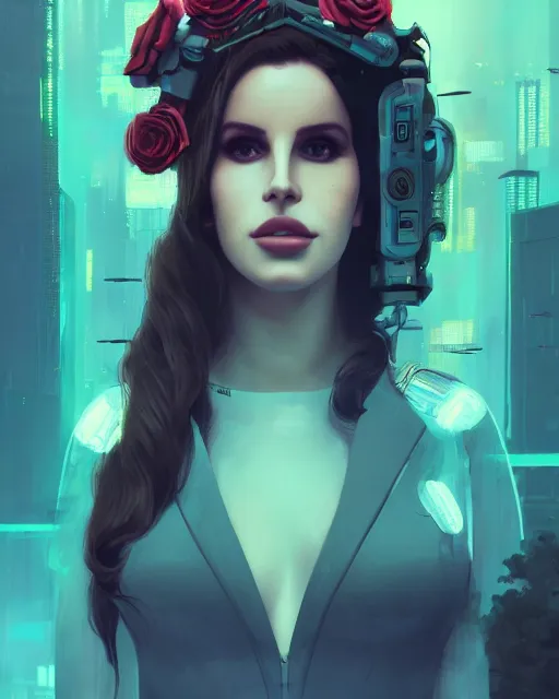 Image similar to portrait of lana del rey as a cyberpunk cyborg. roses, sci - fi, missing panels, intricate abstract upper body intricate artwork, by tooth wu, wlop, beeple, dan mumford. concept art, octane render, deviantart, greg rutkowski, cinematic, key art, hyperrealism, iridescent accents